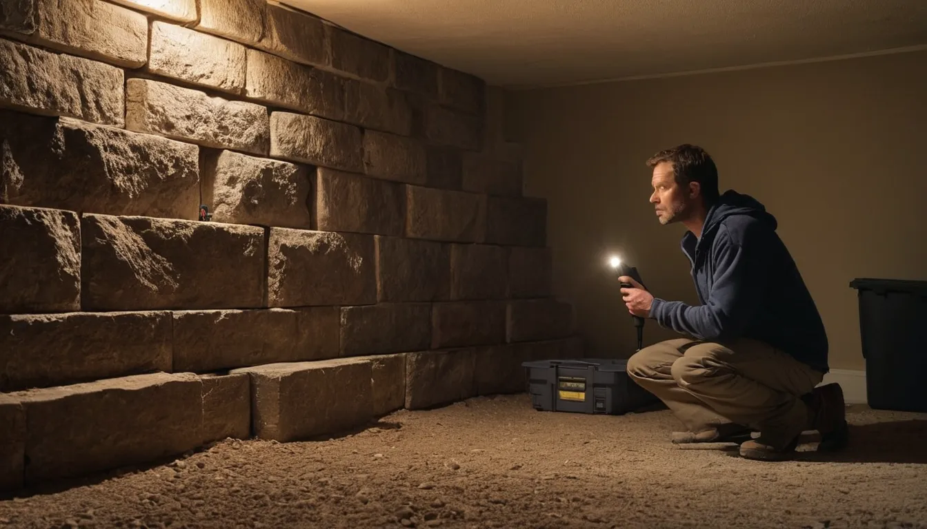 Homeowner checking a basement wall for pest entry points